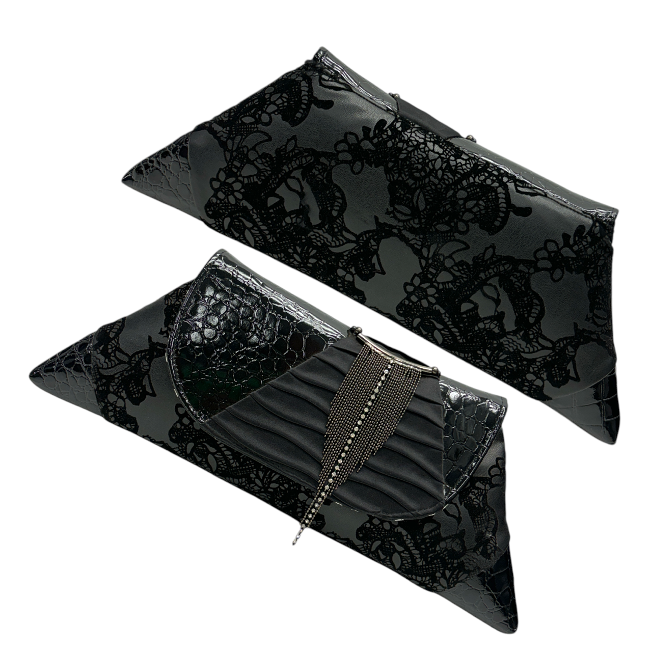 Evening Event Clutch Black Shiny Sexy with wiggly Chain detail -tuck away strap