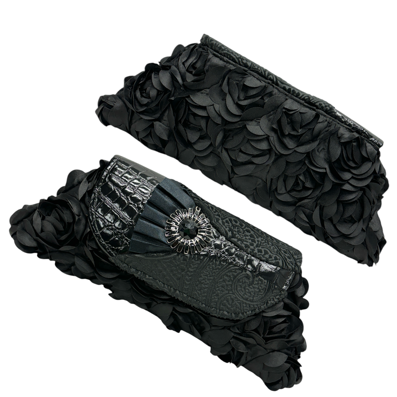 Evening Event Clutch Romantic Black Roses with vintage Flower - tuck away strap