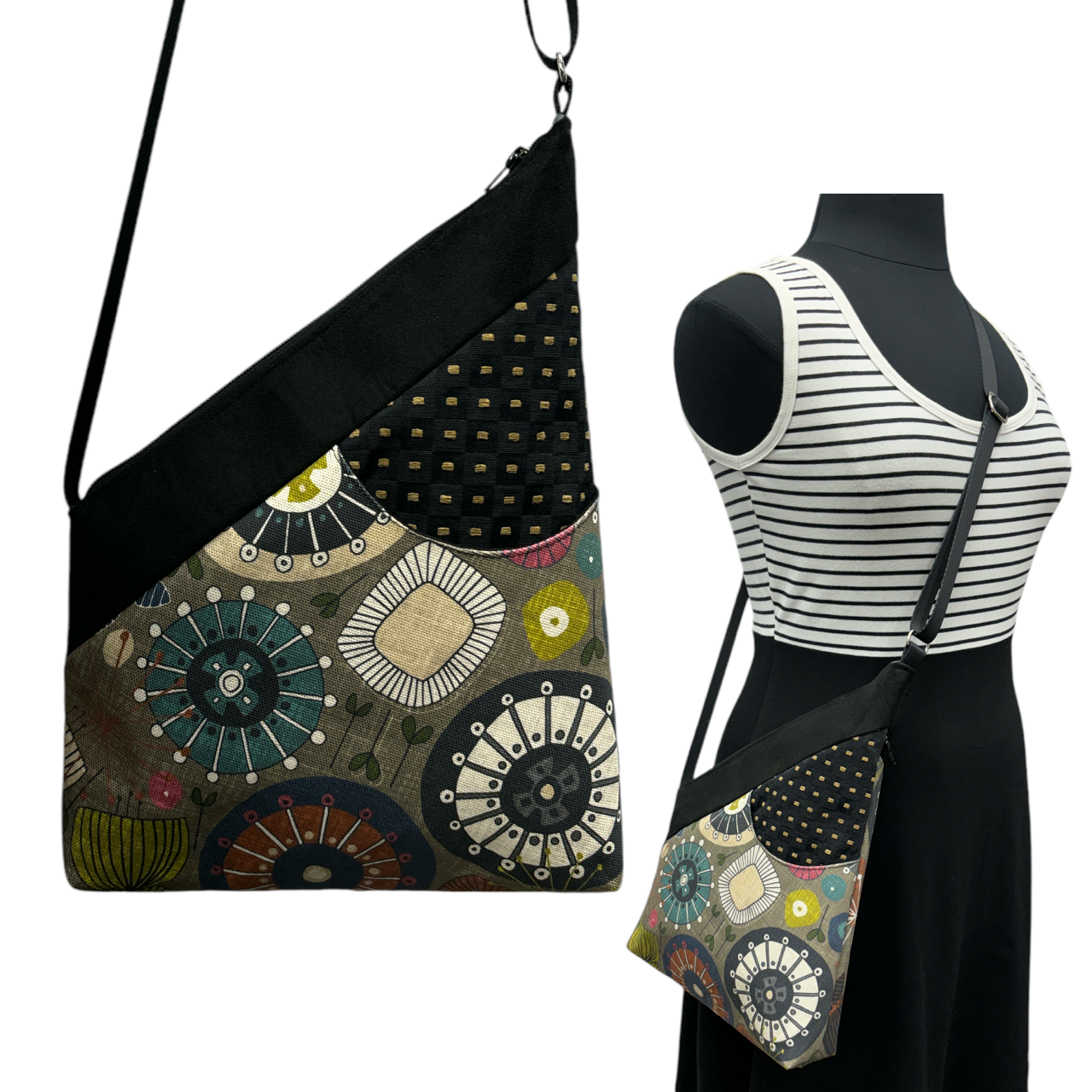 Festival Bag 60s Grey Green with Black/Tan Squares