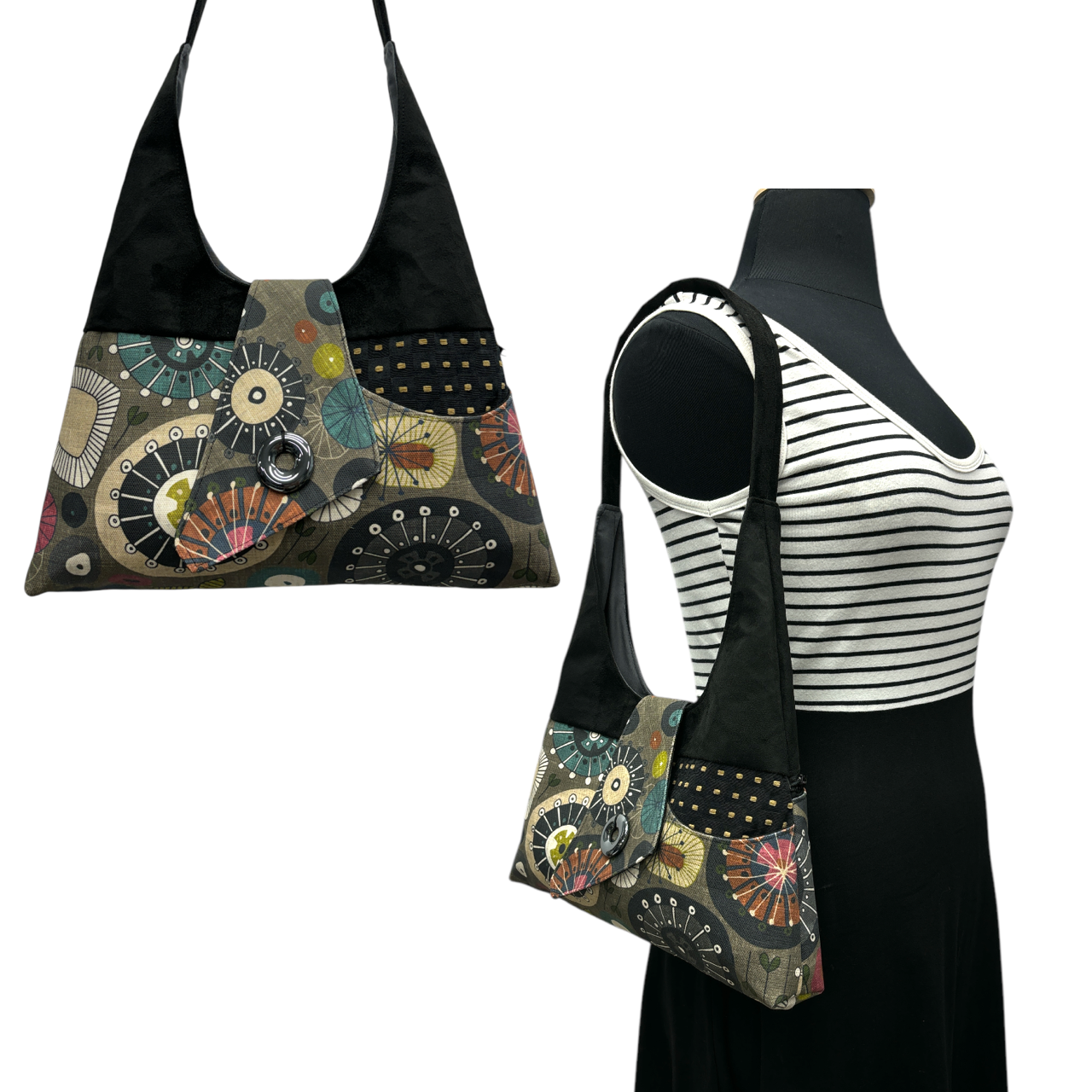 Joyful Tote 60s Grey Green with Black/Tan Squares