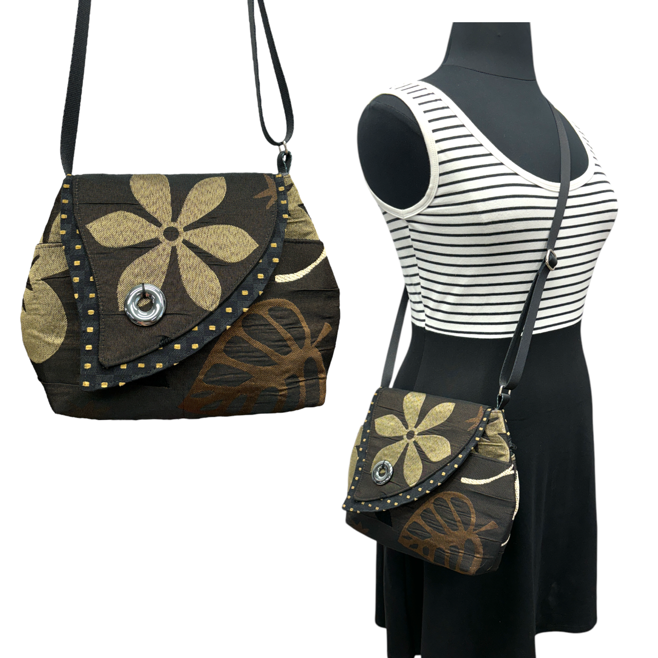 Tiger Lily Bag Chocolate Brown & Black with Gold Flower