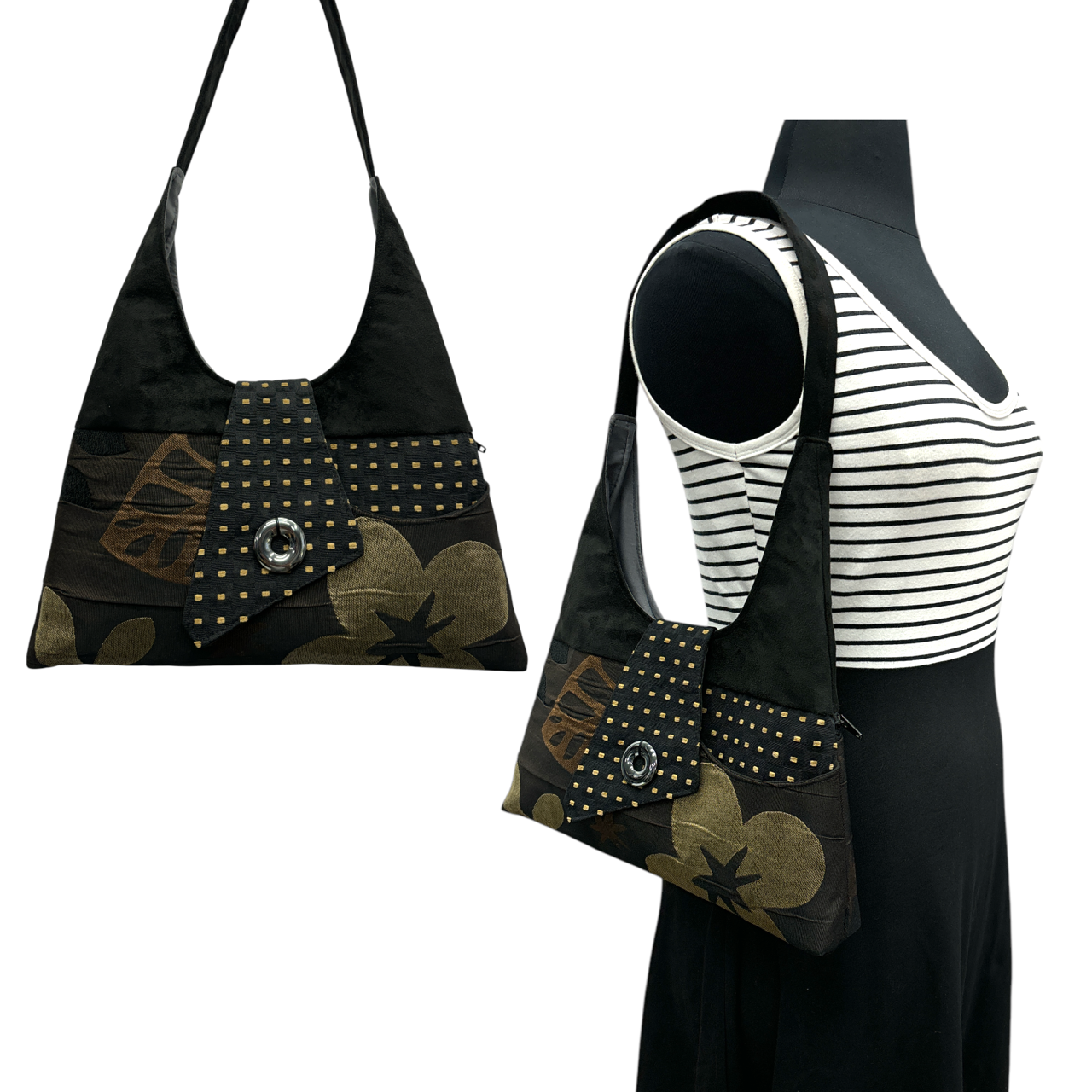 Joyful Tote Chocolate Brown & Black with Gold Flower