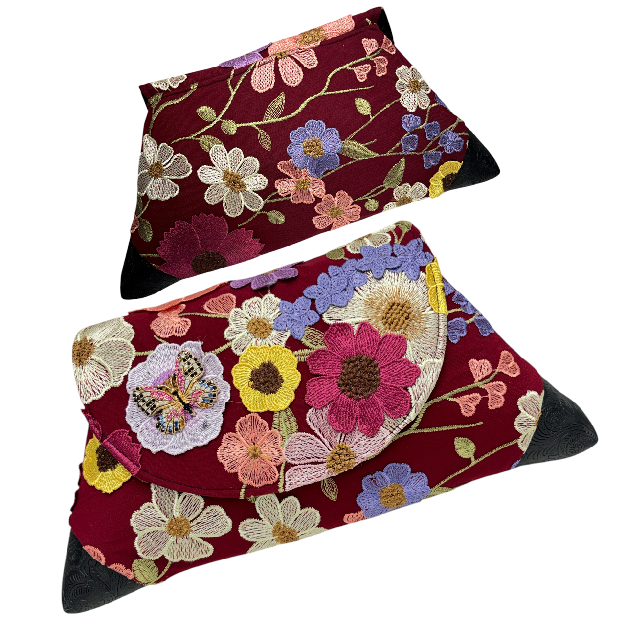 Evening Event Clutch Bounty of Embroidered Flowers w Vintage Butterfly -tuck away strap