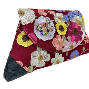 Evening Event Clutch Bounty of Embroidered Flowers w Vintage Butterfly