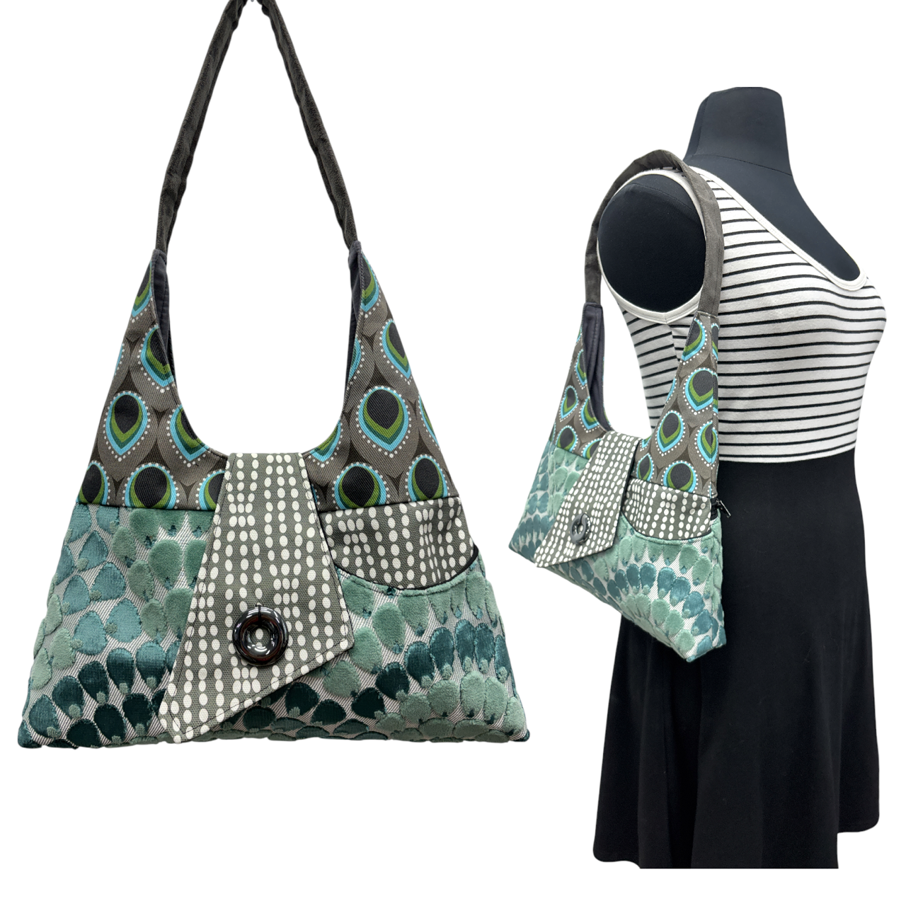 Joyful Tote Folk Flower Peacock Teal Grey