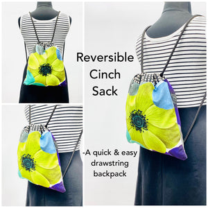 Reversible Cinch Sack Blue Dye Velvet Entangled Grey Lines